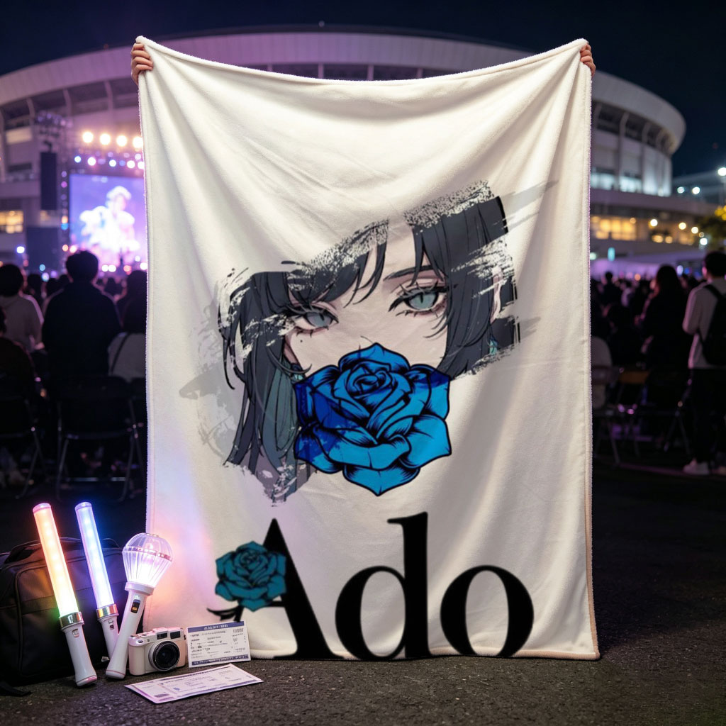 Ado in a Dramatic Portrait with Blue Rose Covering Her Mouth - Blankets