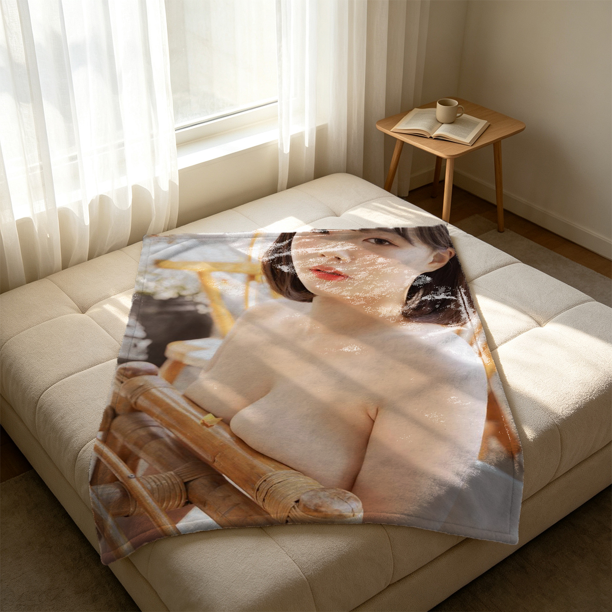 Nude Brunette with Flower Bouquet in White Stockings - Blanket