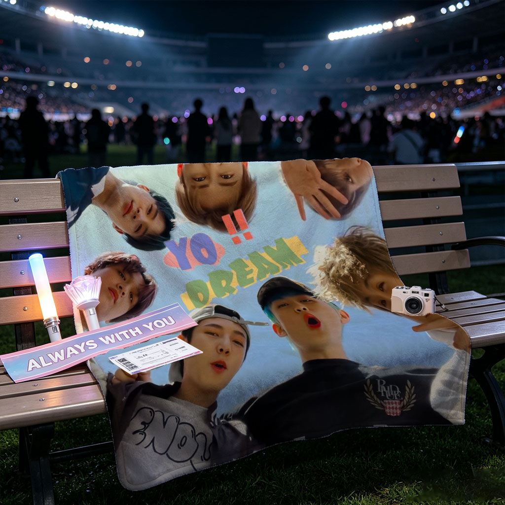 YOASOBI Dream Team Members in a Circular Pose Under Blue Sky - Blankets