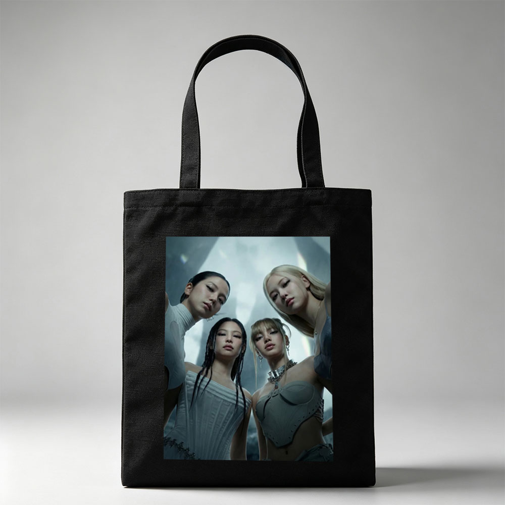 BLACKPINK in Futuristic Fashion Scene - Four Members Pose in Sleek, High-Tech Outfits Against a Dramatic, Otherworldly Background - Canvas tote bags