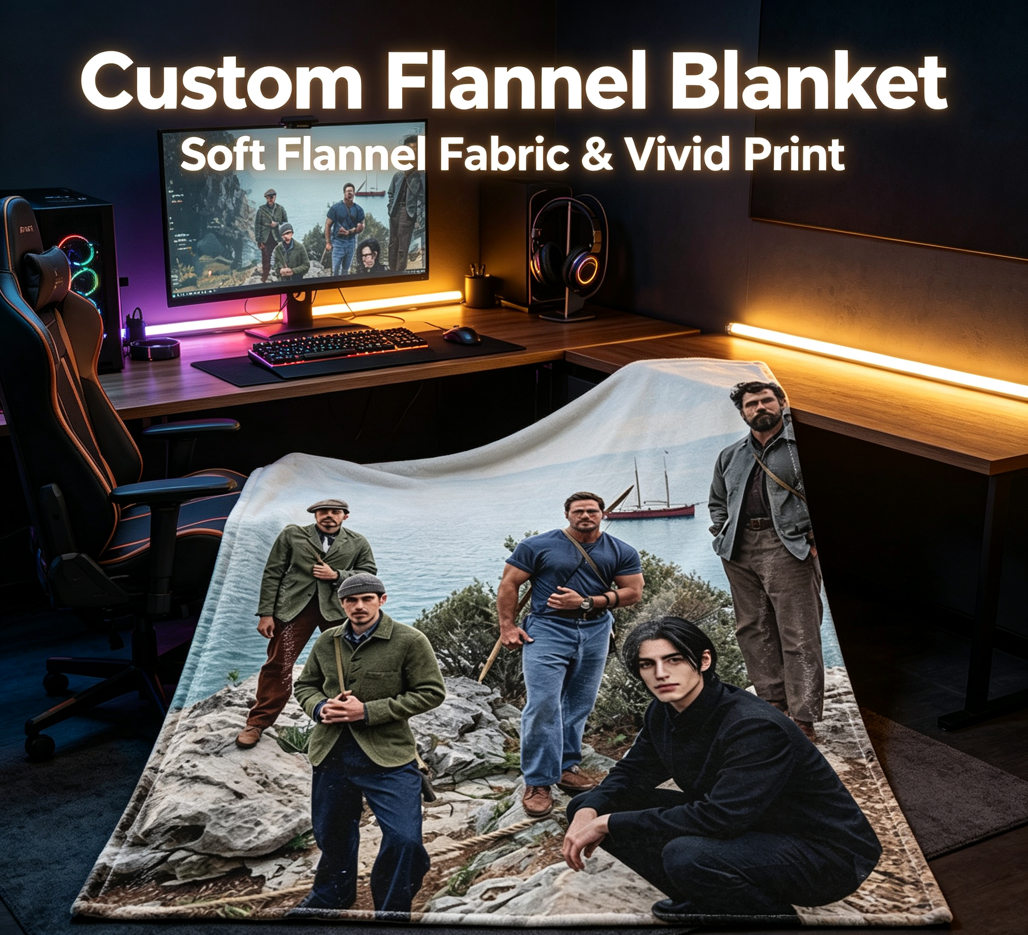 Custom Face Blanket Featuring Men on Rocky Coastline with Sailboat in Background Flannel Blanket Perfect for Outdoor Adventures and Cozy Nights Ideal Gift or Giveaway Item