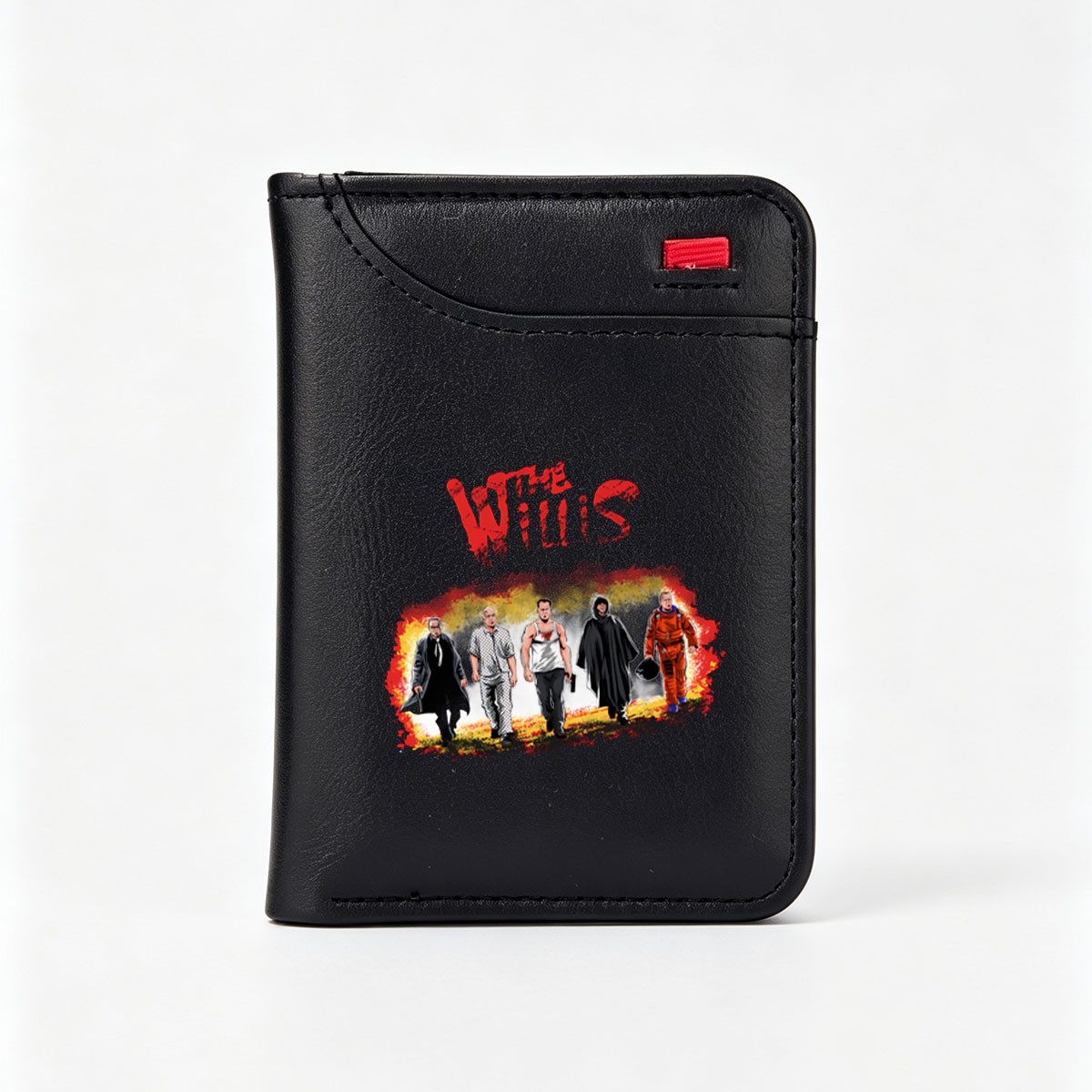 The Willis: A Group of Iconic Characters in Distinct Outfits, Including a Priest, Patient, Tank-Top Man, Hooded Figure, and Astronaut, Set Against a Fiery Background - Vertical Style Wallet