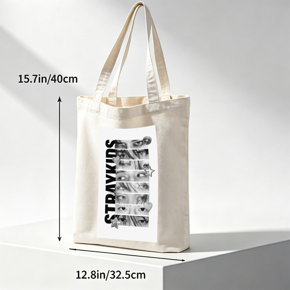 Stray Kids Close-Up Eyes Black and White Collage with Stars and Hearts - Canvas tote bags