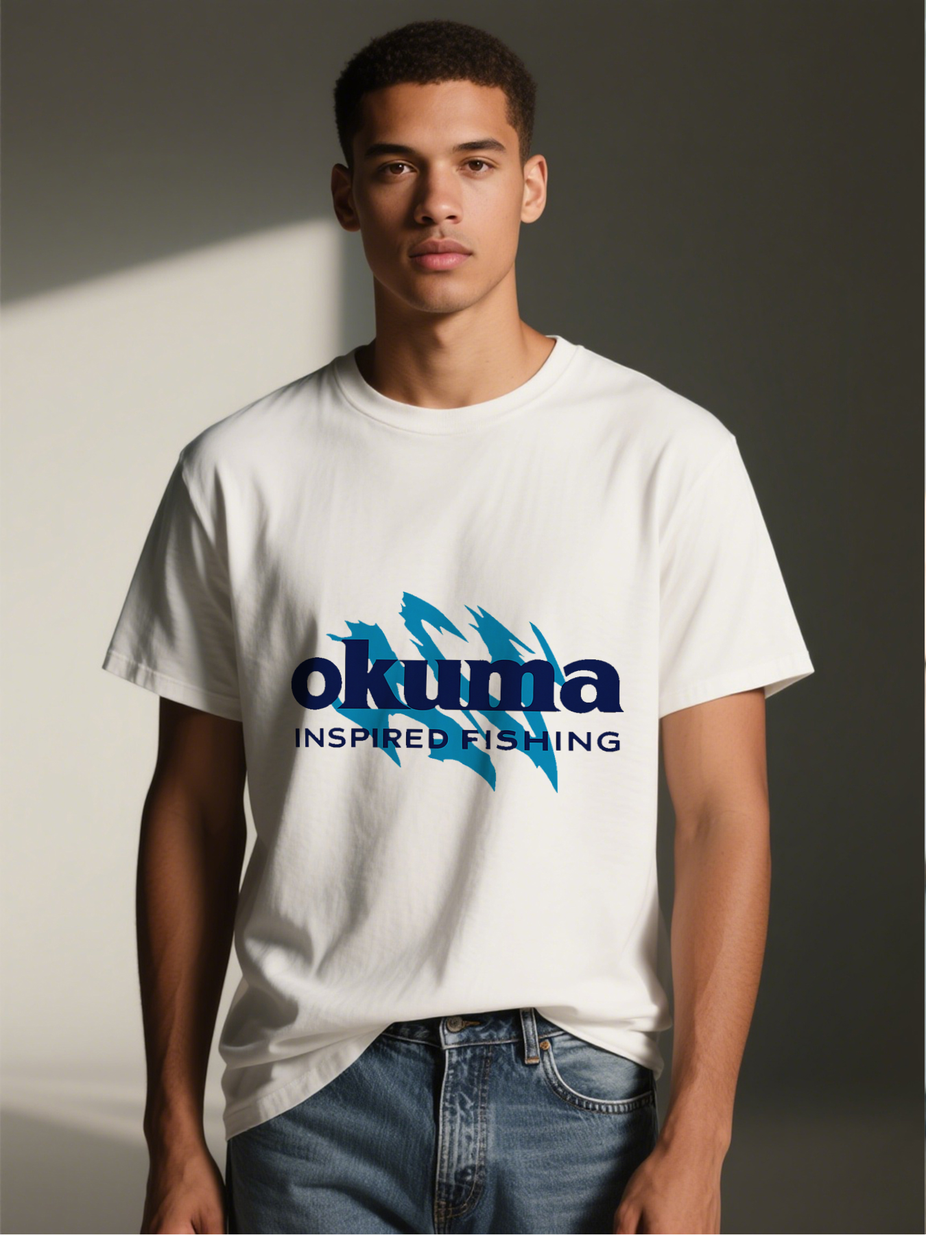 Men's Okuma Inspired Fishing Logo Print T-Shirt Casual Round Neck Summer Lightweight Breathable Short Sleeve Tee for Outdoor Fishing Enthusiasts and Angling Lovers