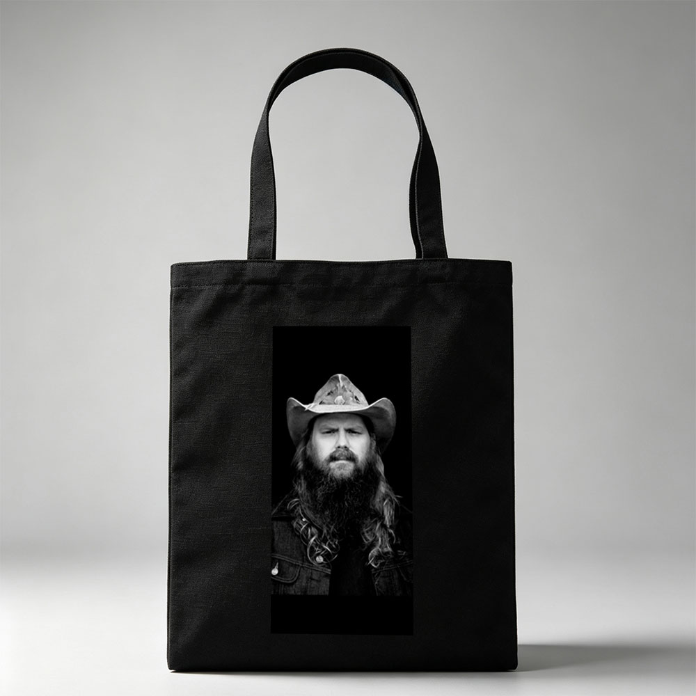 Chris Stapleton in a Cowboy Hat and Denim Jacket - Black and White Portrait - Canvas tote bags