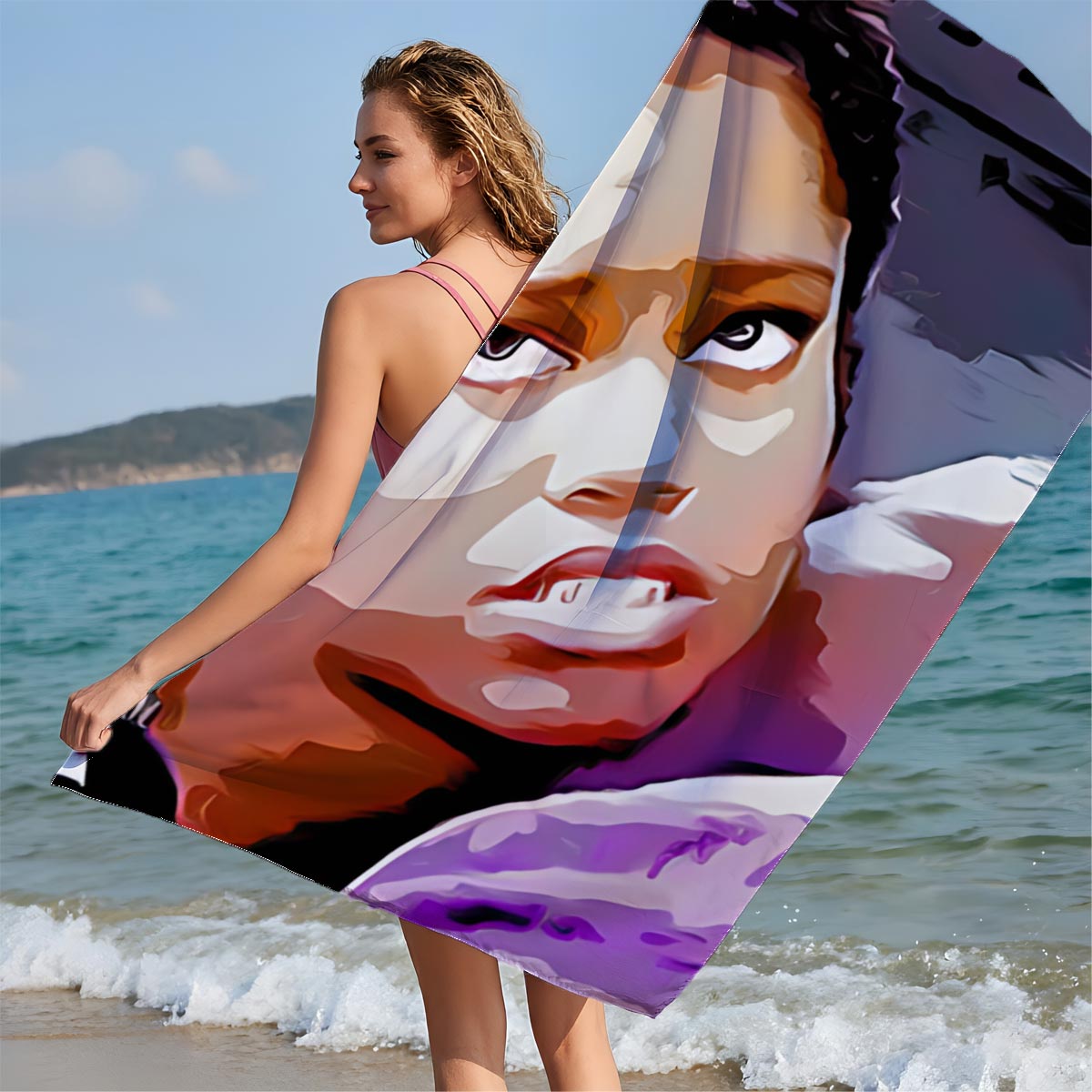 Woman with Braids and Hoop Earrings in Striped Shirt, Man in Purple Shirt with Tattooed Back - Beach towels