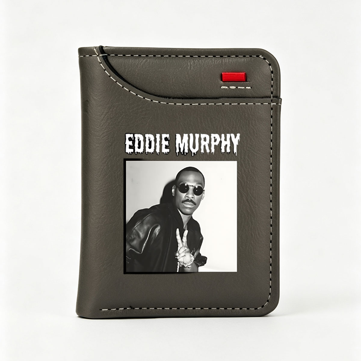 Eddie Murphy in a leather jacket and sunglasses, making a peace sign - Vertical Style Wallet