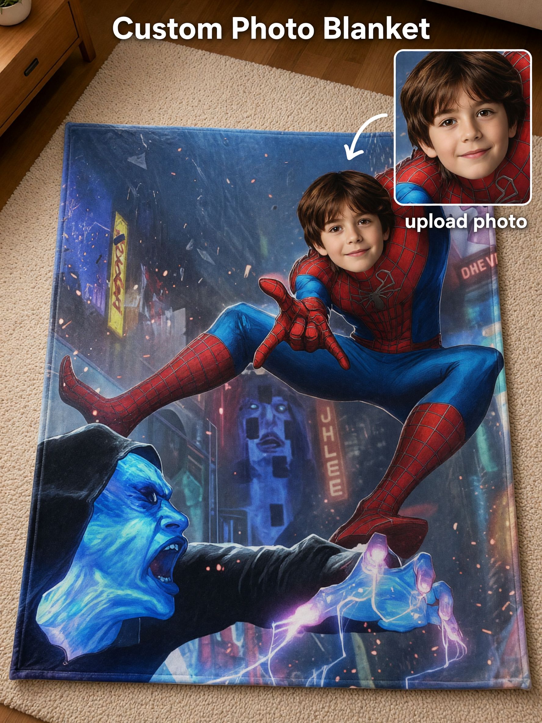 Personalized Face Photo Superhero Flannel Blanket Ultra Soft Plush Fleece Throw Cozy Gift for Kids and Bed Couch