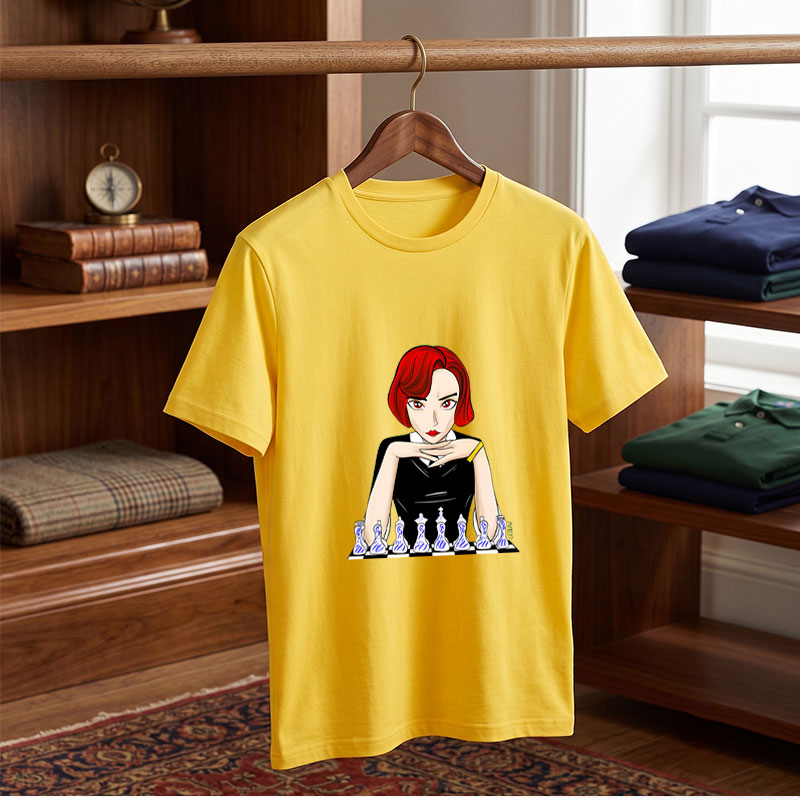 Red-Haired Woman in Black Dress Playing Chess - Tee