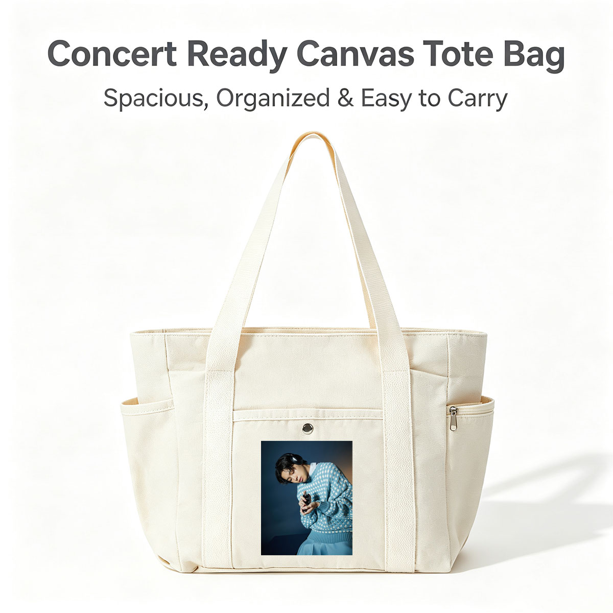 Jaden Smith in a Stylish Blue Sweater Holding a Perfume Bottle with Headphones On - Multi-pocket bags