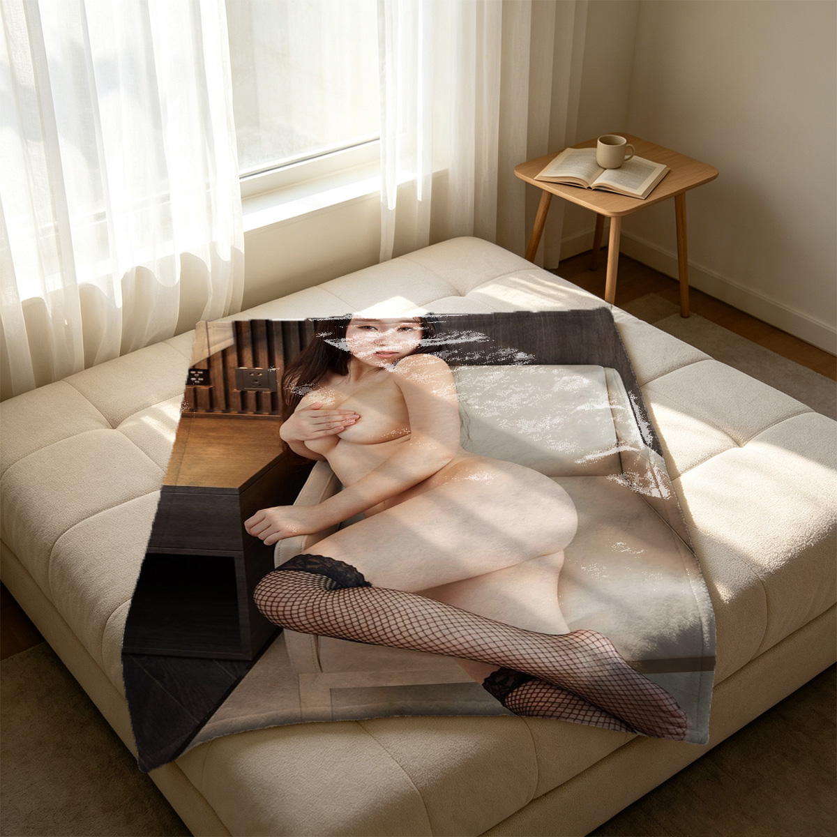 Two Lesbians in Stockings and Heels Kissing on Bed - Blanket