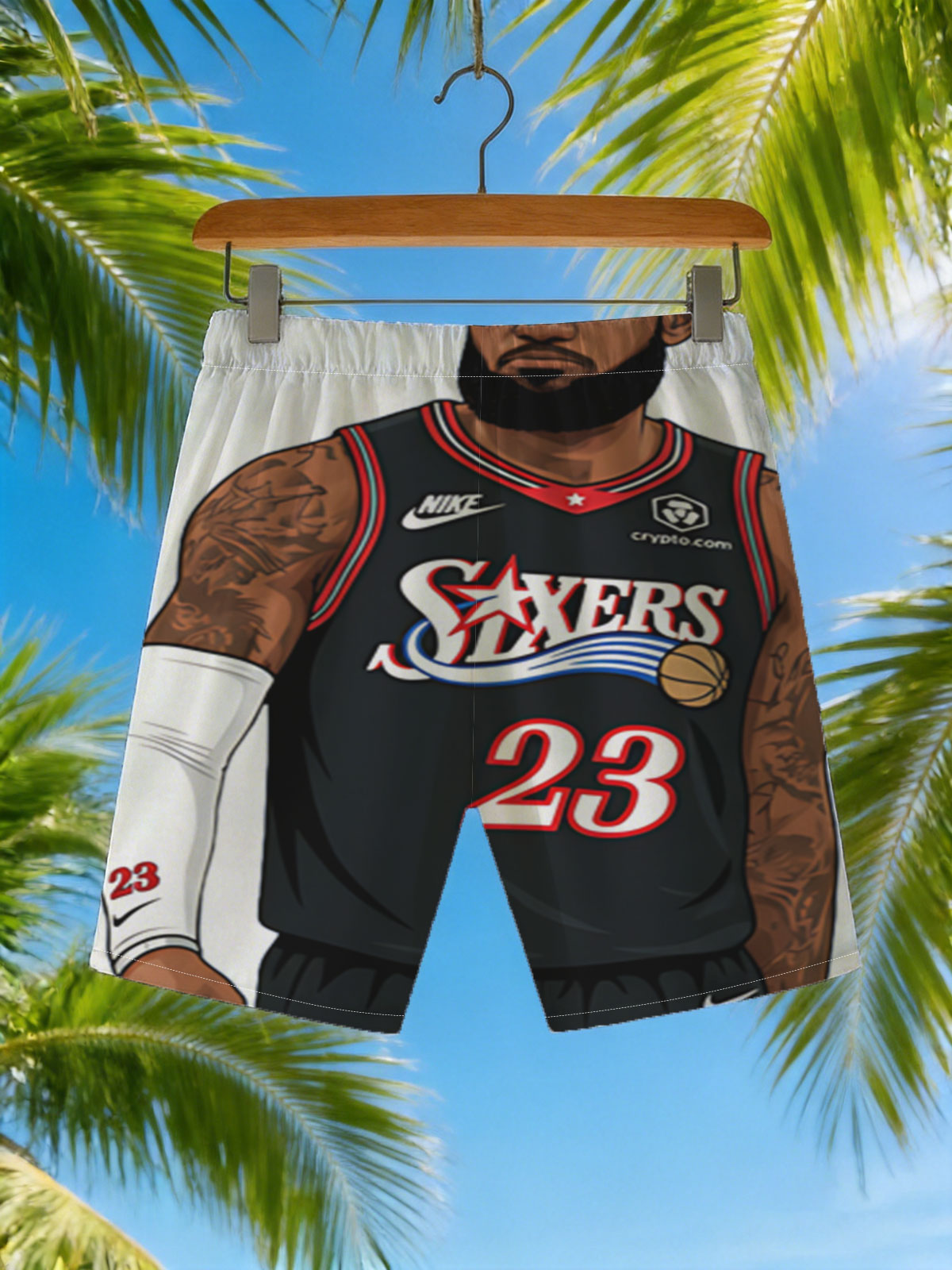 LeBron James in Philadelphia 76ers Jersey, #23, Nike Uniform, Crypto.com Sponsorship -  Beach shorts
