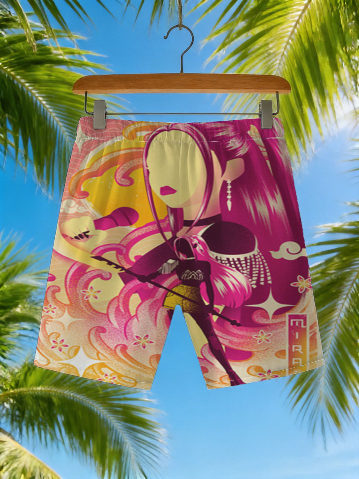Mira, the Pink-Haired Singer with Microphone and Guitar, in a Vibrant, Stylized Artwork -  Beach shorts
