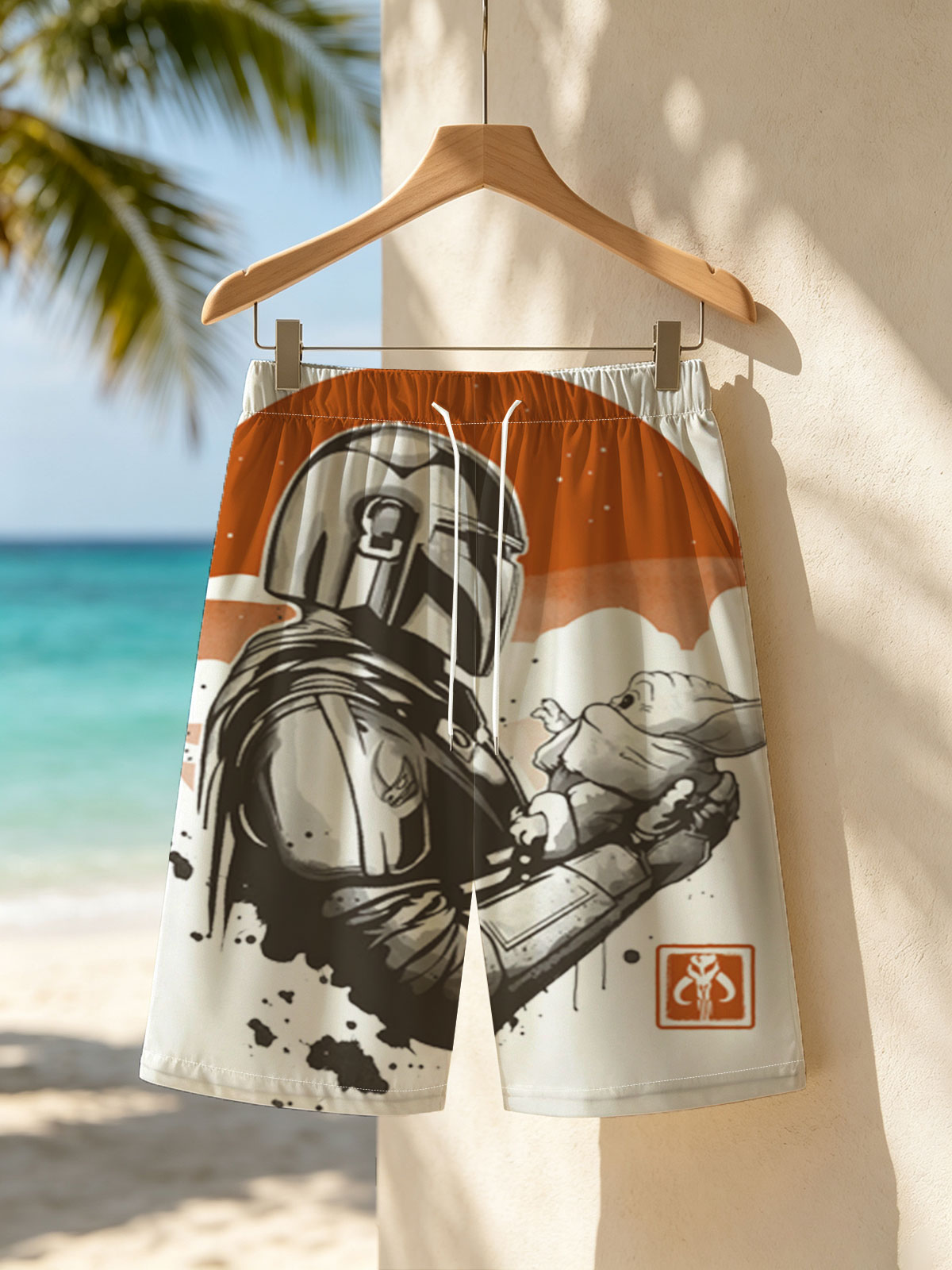 The Mandalorian and Grogu under a twin suns sky -  Beach shorts