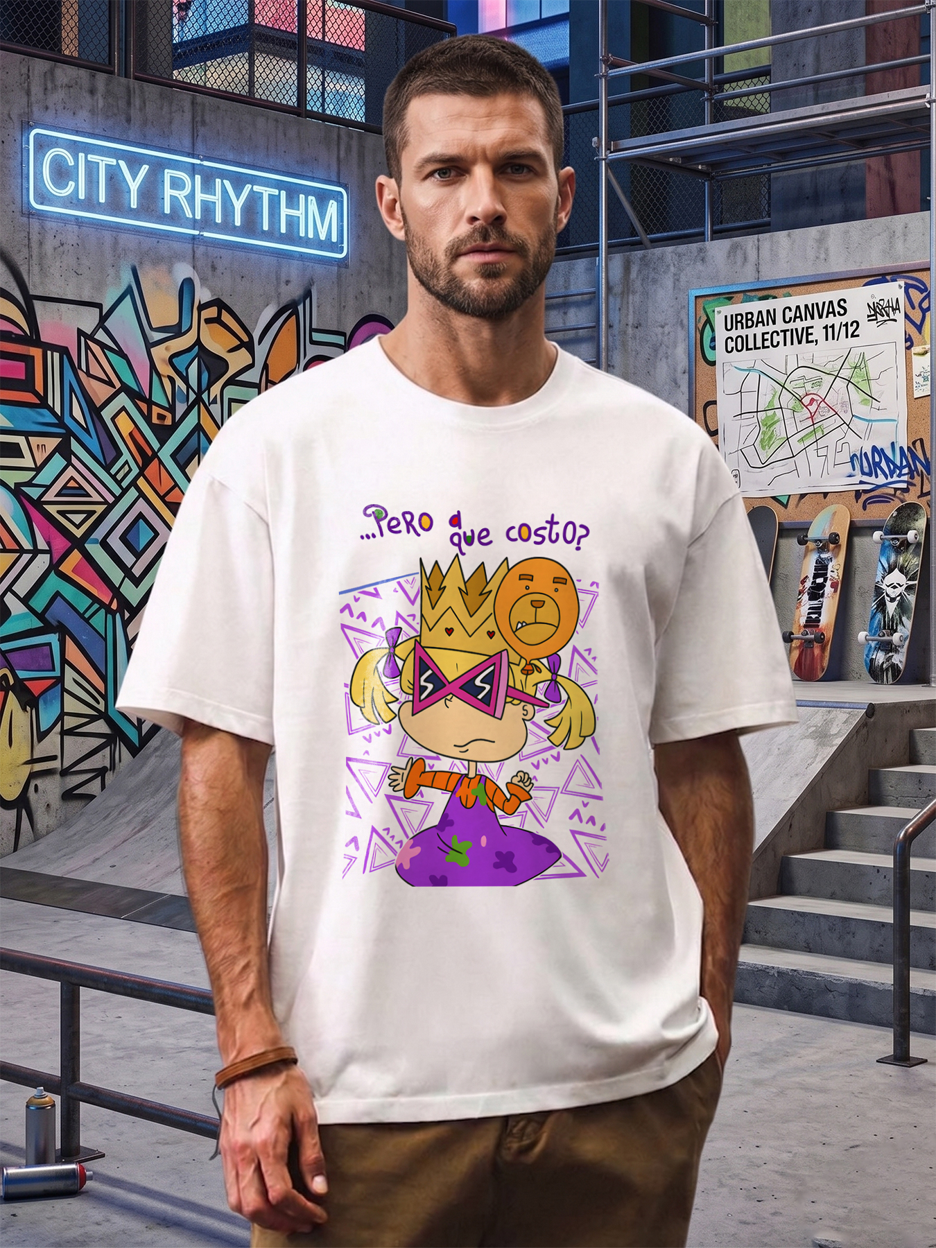 Men's Printed T-Shirt Featuring Cartoon Girl with Crown and Lion Balloon, 