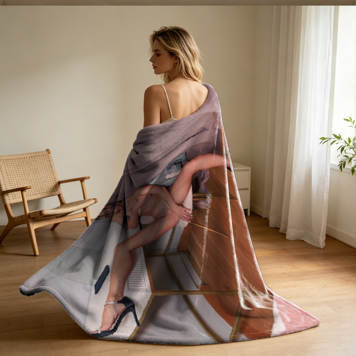 Japanese Model in Pink Lace Lingerie by Window - Blanket