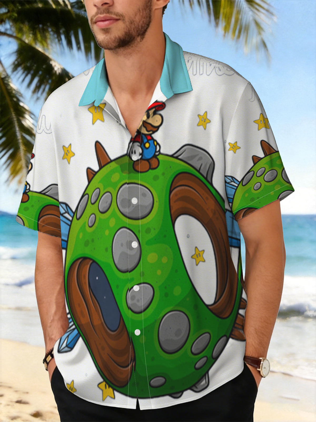 Mario on a Green Planet in Space with Stars and 