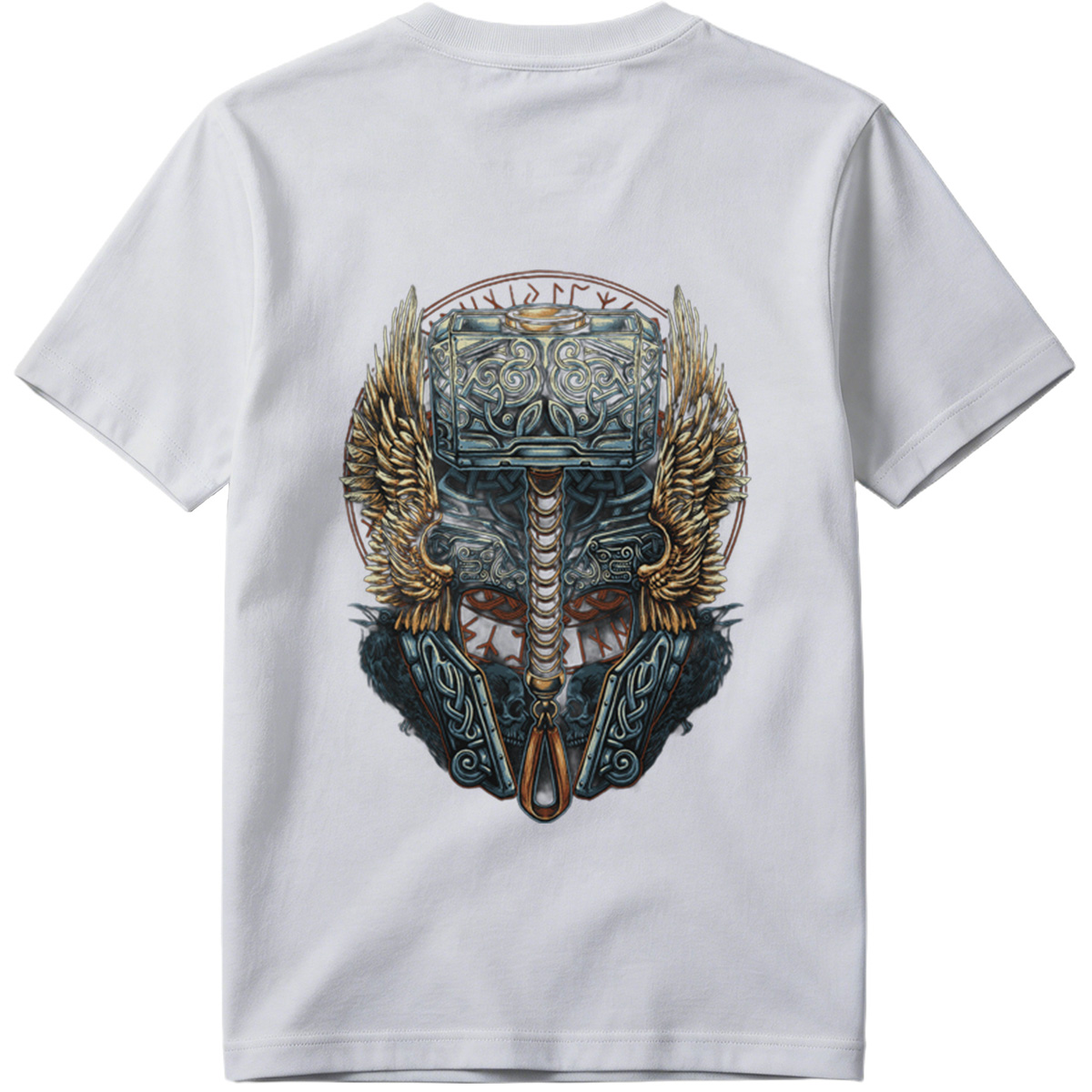Thor's Hammer Mjolnir with Norse Symbols and Wings - Tee