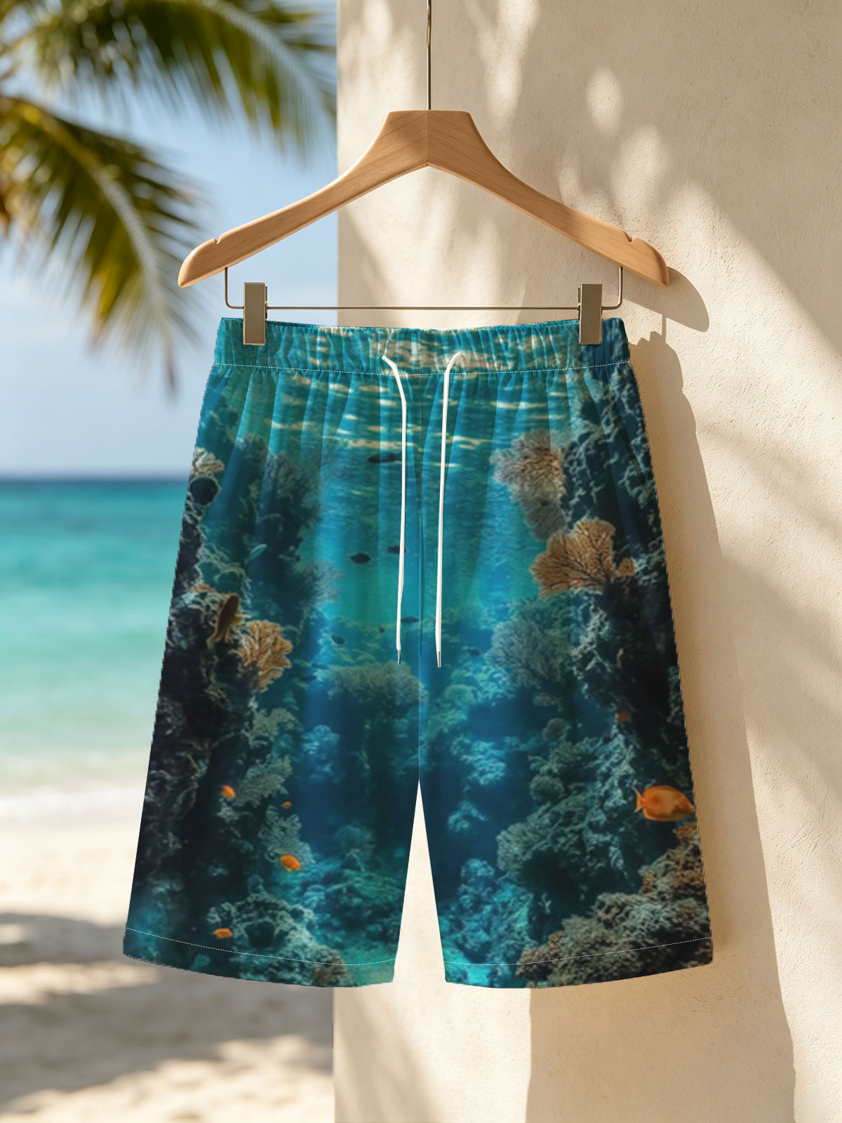 Underwater Coral Cave with Sunlight and Fish -  Beach shorts