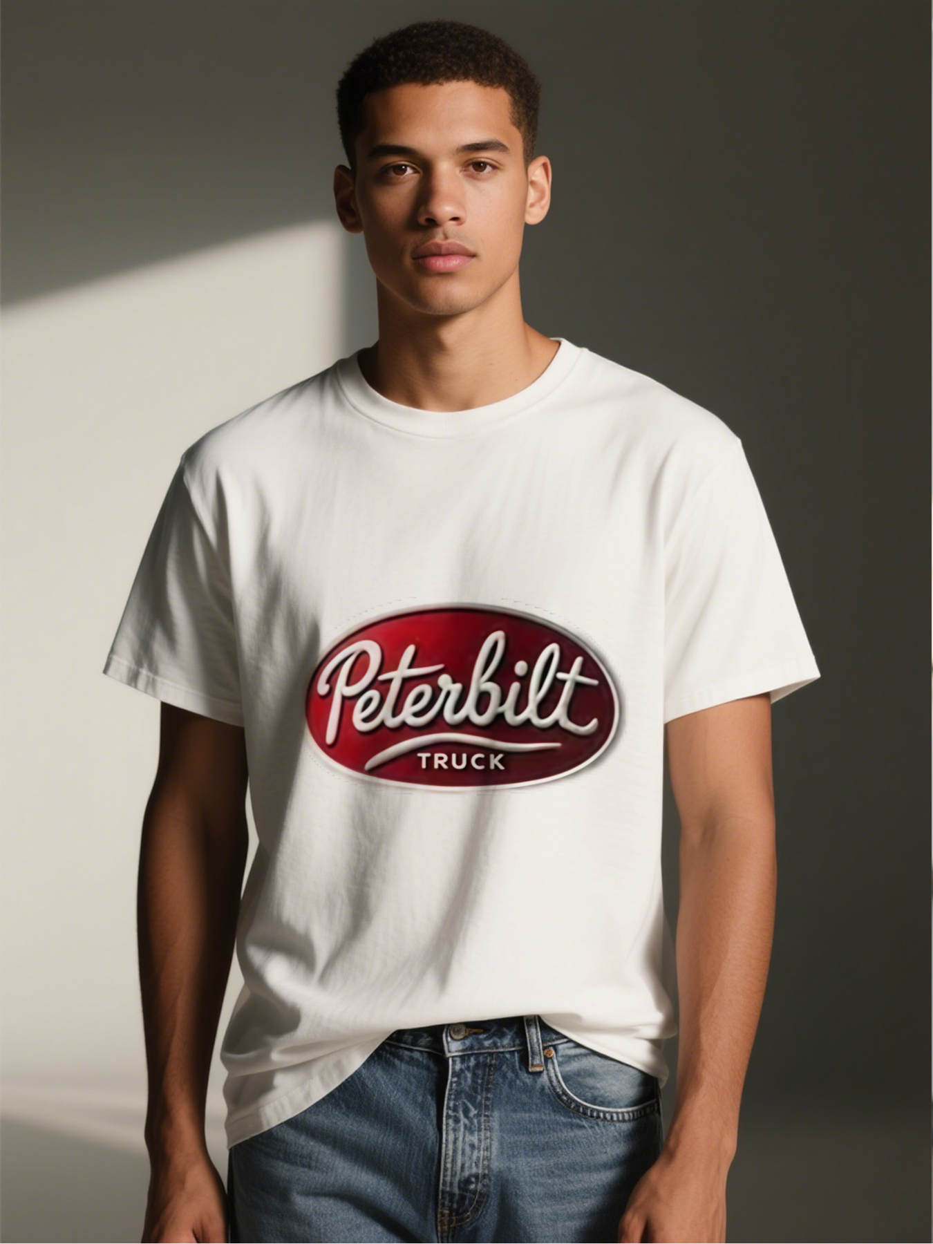 Men's Peterbilt Truck Logo Print T-Shirt Casual Round Neck Lightweight Breathable Summer Short Sleeve Tee for Truck Drivers and Automotive Enthusiasts