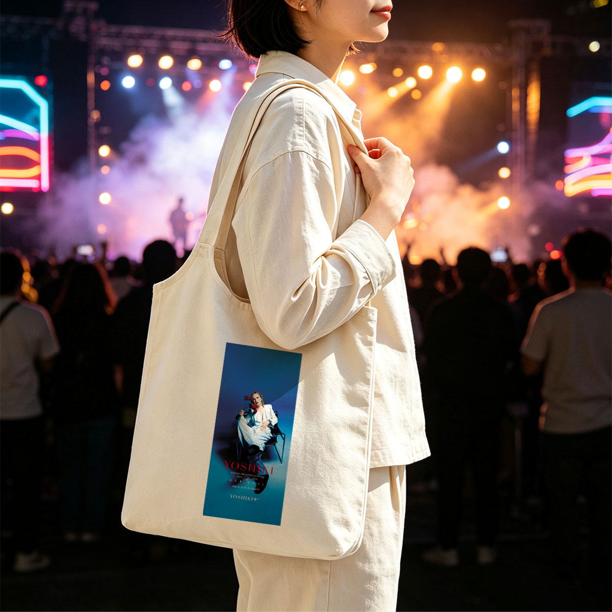 YOSHIKI Evening Breakfast with YOSHIKI 2025 in Tokyo Japan KURENAI Poster Featuring YOSHIKI Seated on Chair Holding Red Roses Against Blue Background - Canvas shoulder bags/