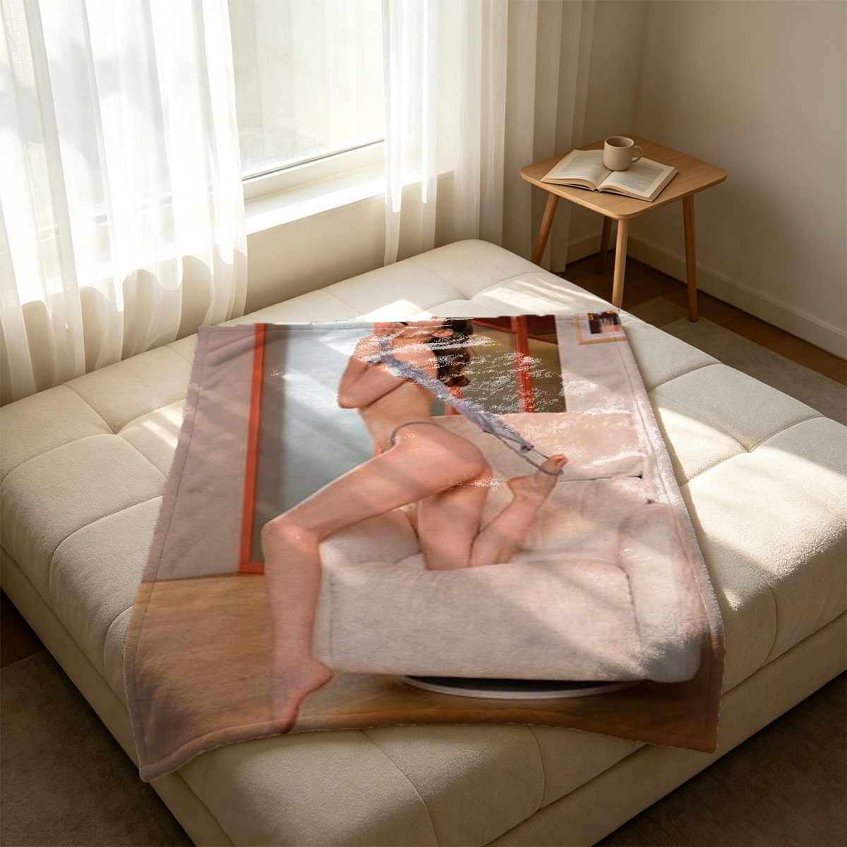 Miu Shiraishi in Floral Sheer Blouse and Olive Bikini Leaning Forward on Balcony - Blanket