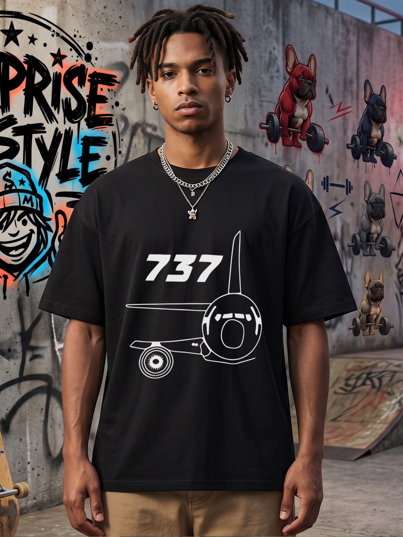 Men's Printed T-Shirt with Aircraft 737 Design and Bold Number Graphic, Casual Round Neck Summer Lightweight Breathable Short Sleeve Tee for Aviation Enthusiasts and Travel Lovers