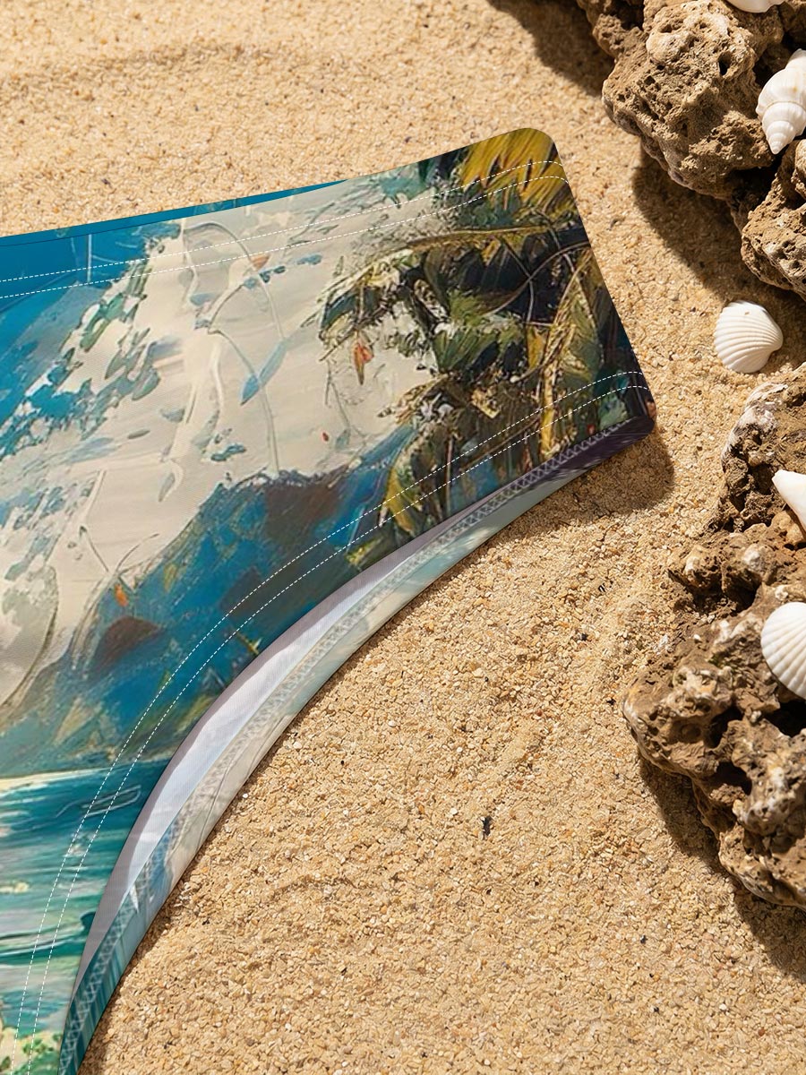 A woman walks on a tropical beach, framed by palm trees and turquoise waters under a vibrant sky. -  Men's swim trunks