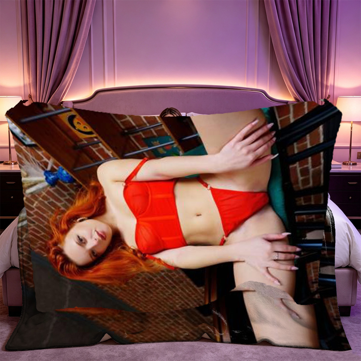 A young woman in a strapless mini dress sitting on a purple vintage sofa. - Blanket