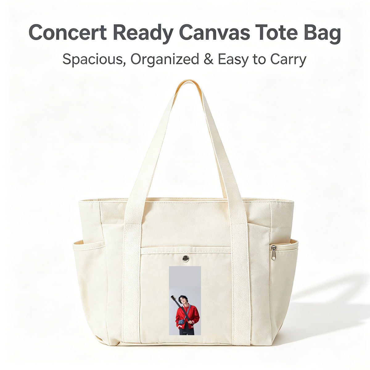 Jungkook with Guitar in Red Jacket and Blue Bag, Standing Against Gray Background - Multi-pocket bags