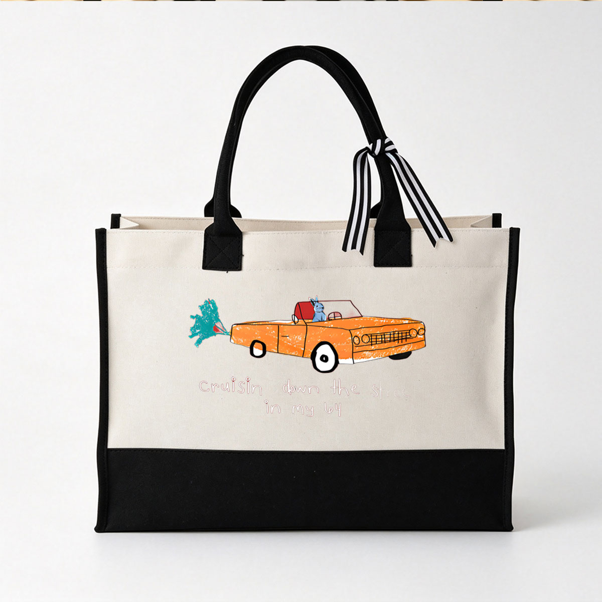 Rabbit Cruisin' in a 1964 Convertible Car - Canvas patchwork gift tote bag