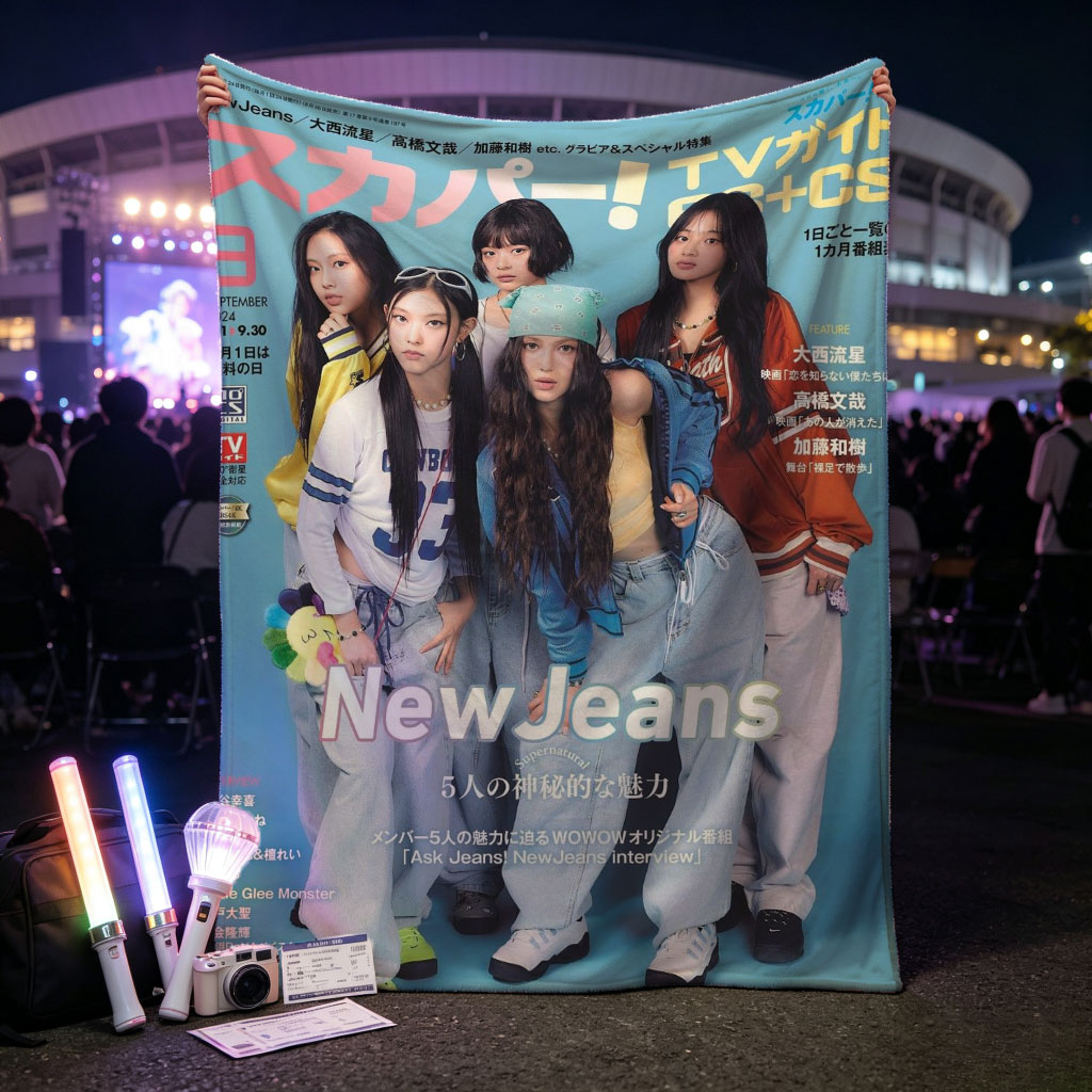 NewJeans on TV Guide Cover Featuring Five Members in Casual Outfits with Blue Background - Blankets