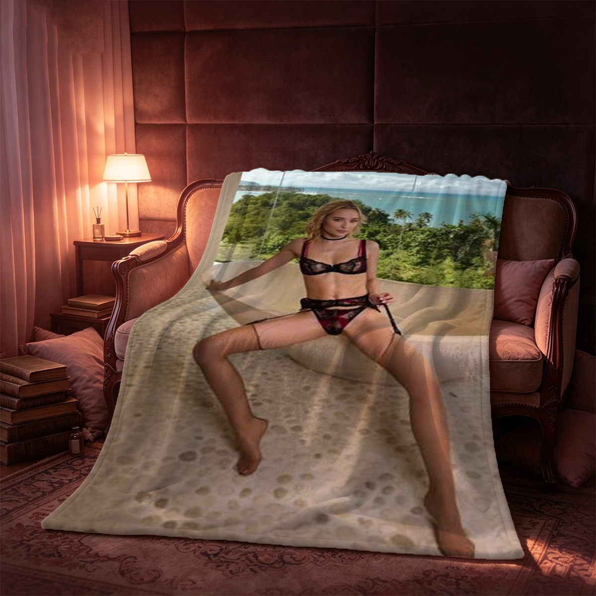Nude Asian beauty in black stockings kneeling on cushion in modern chair. - Blanket