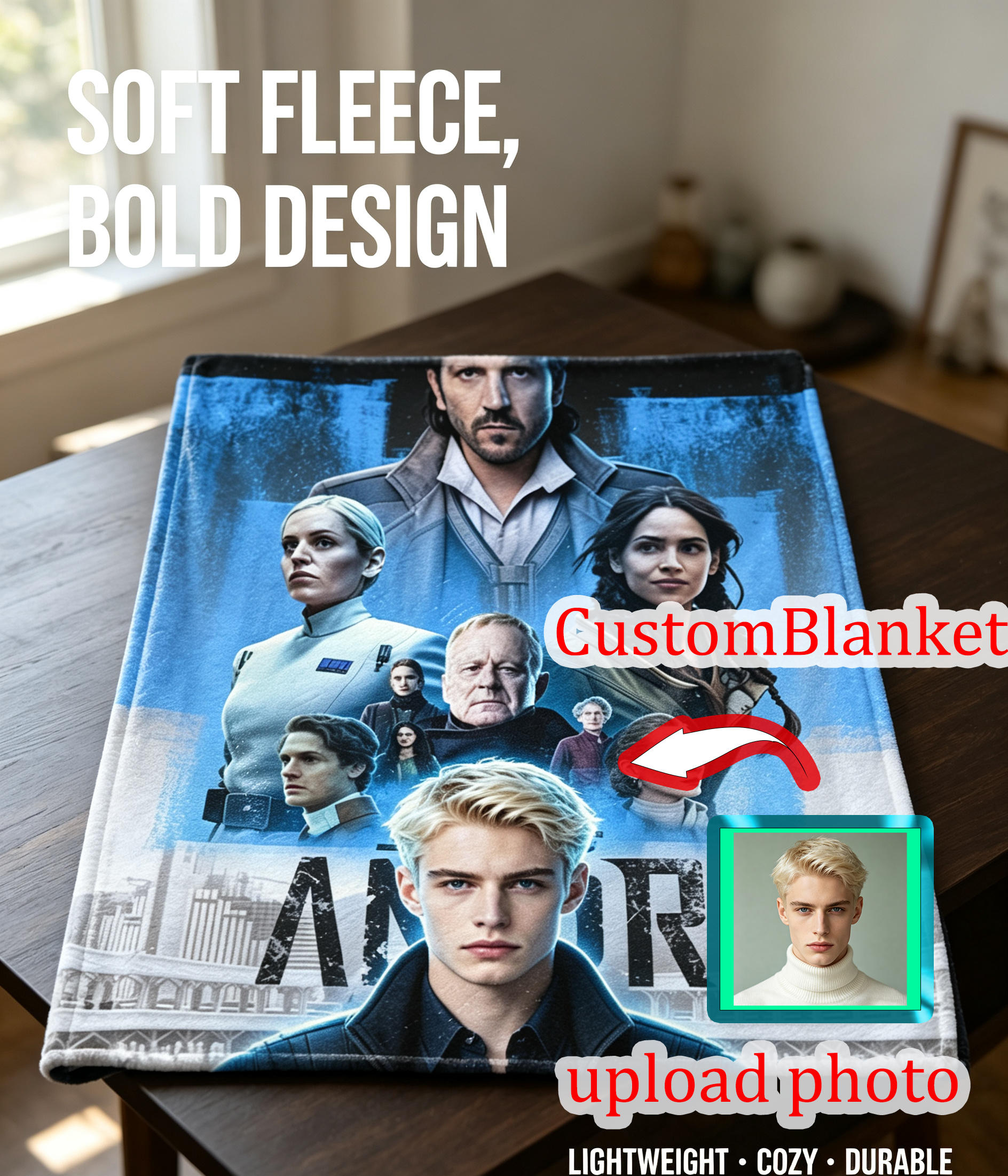 Custom Face Blanket Featuring AI-Generated Sci-Fi Movie Poster Characters Flannel Blanket Perfect for Fans of Space Adventures and Futuristic Themes Ideal as a Unique Gift or Giveaway Item