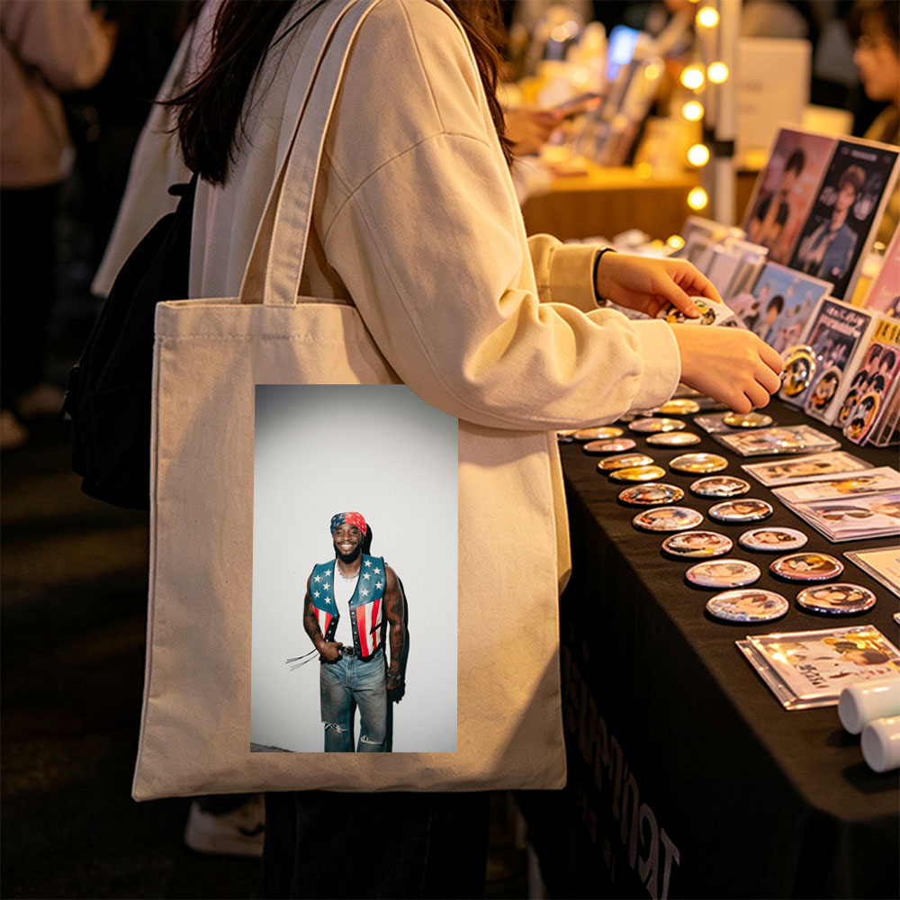 T-Pain in Patriotic Vest and Bandana, Standing Confidently Against a Plain Background - Canvas tote bags