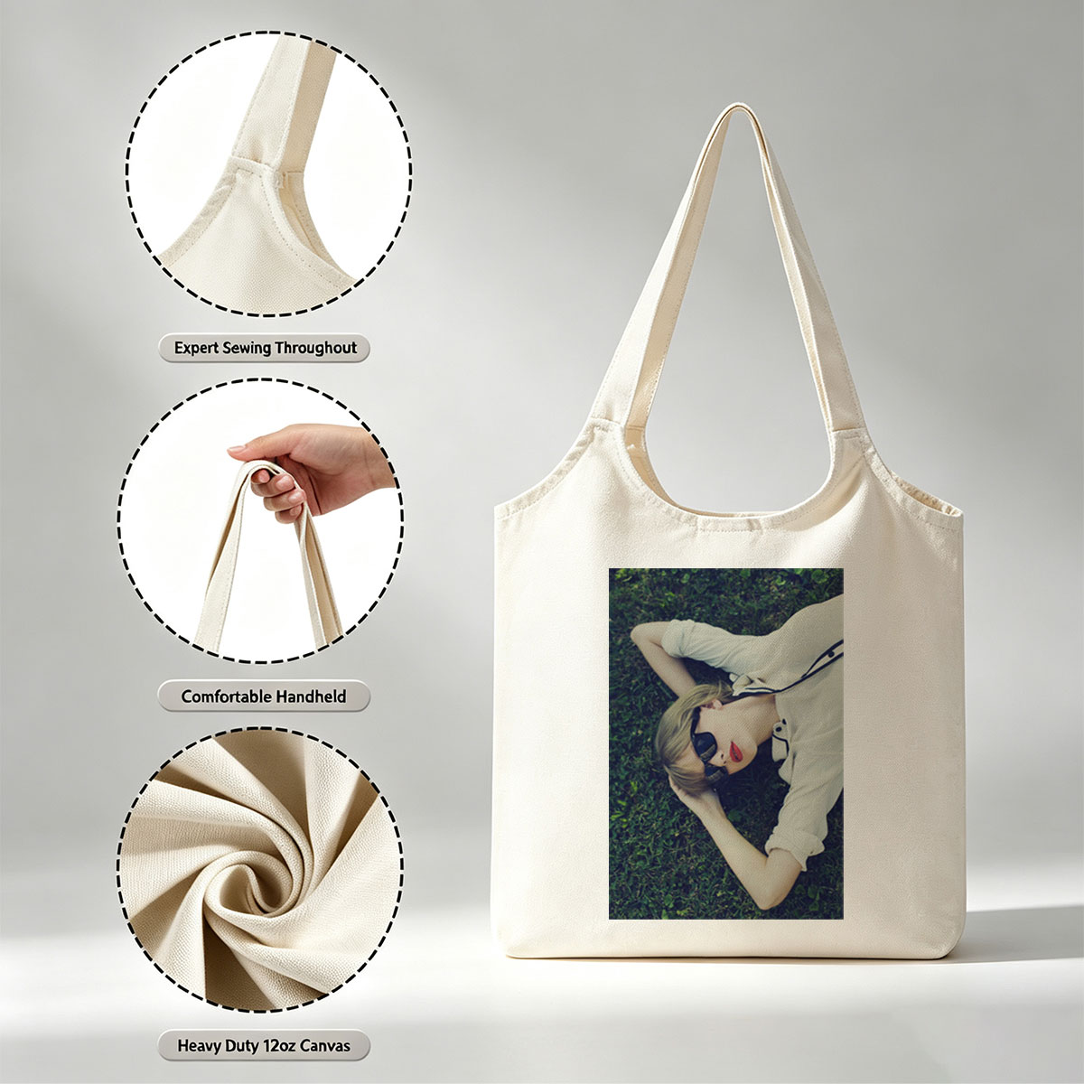 Taylor Swift Lying on Grass Wearing Sunglasses and Red Lipstick - Canvas shoulder bags/