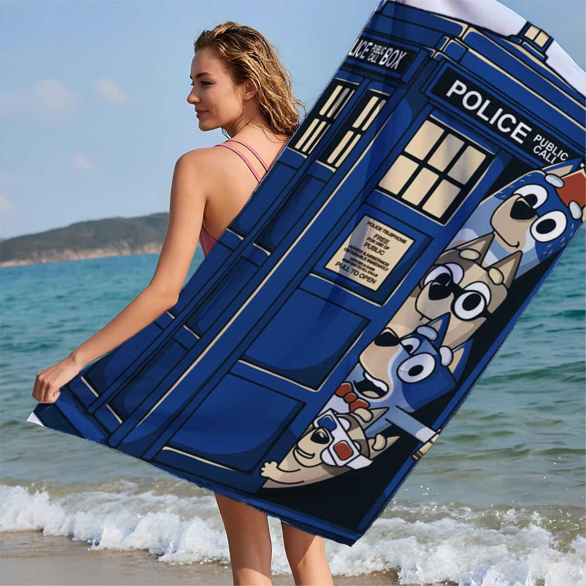 Bluey and Family in the TARDIS: A Whimsical Time Travel Adventure - Beach towels