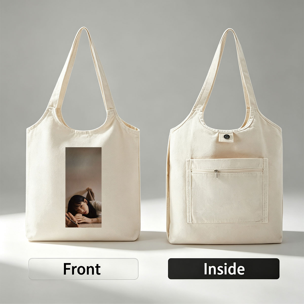 Kim Min-ji Lying on Floor Holding Pen in Soft Lighting Portrait - Canvas shoulder bags/