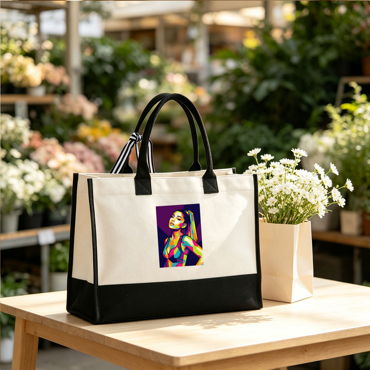 Colorful Geometric Portrait of a Woman with Ponytail - Canvas patchwork gift tote bag