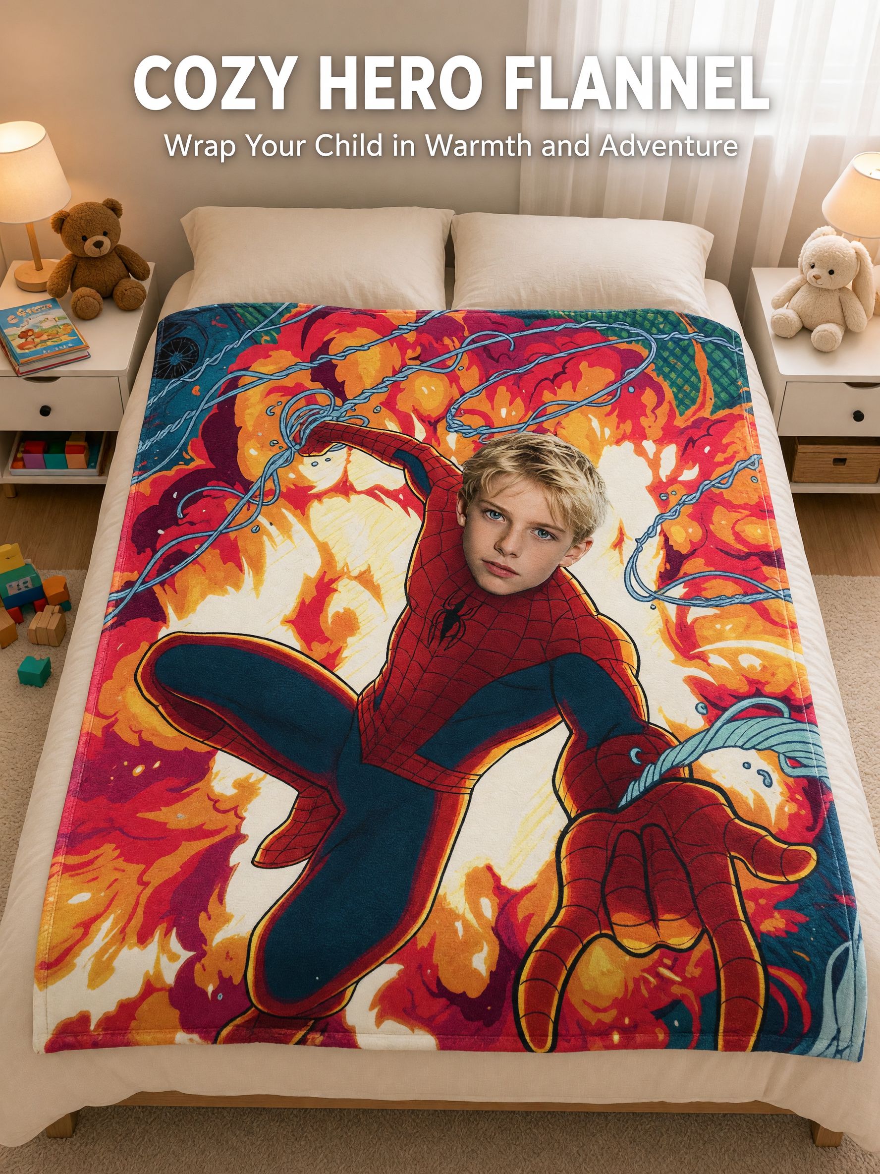 Personalized Superhero Face Photo Blanket Custom Velvet Flannel Throw for Kids Adults Comic Action Hero Gift