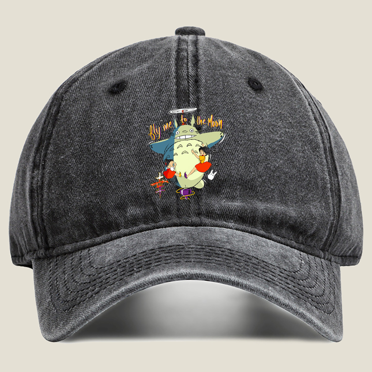 Totoro, Mei, and Satsuki Flying to the Moon - Washed Denim - Baseball Cap