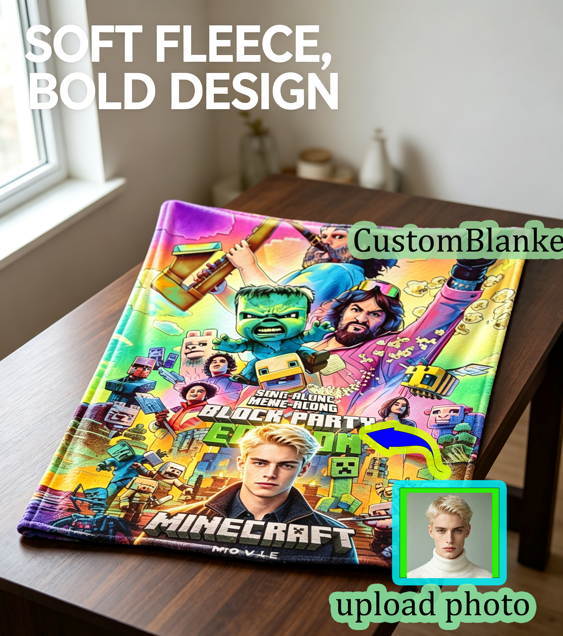 Custom Face Blanket Minecraft Movie Character Flannel Blanket Perfect for Kids and Fans Cozy Bedding Gift or Giveaway
