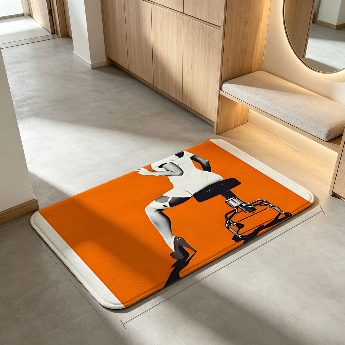 Nurse in White Dress Holding Syringe on Stool Against Orange Background - Flannel floor mat