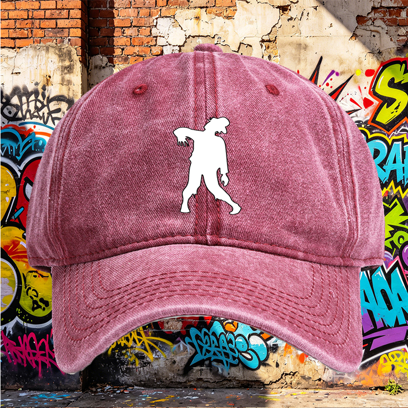 Unisex Classic Washed Cotton Hat with Zombie Silhouette Print – Perfect for Halloween, Outdoor Adventures, and Casual Wear – Ideal for Teens and Adults Seeking Unique Streetwear Style