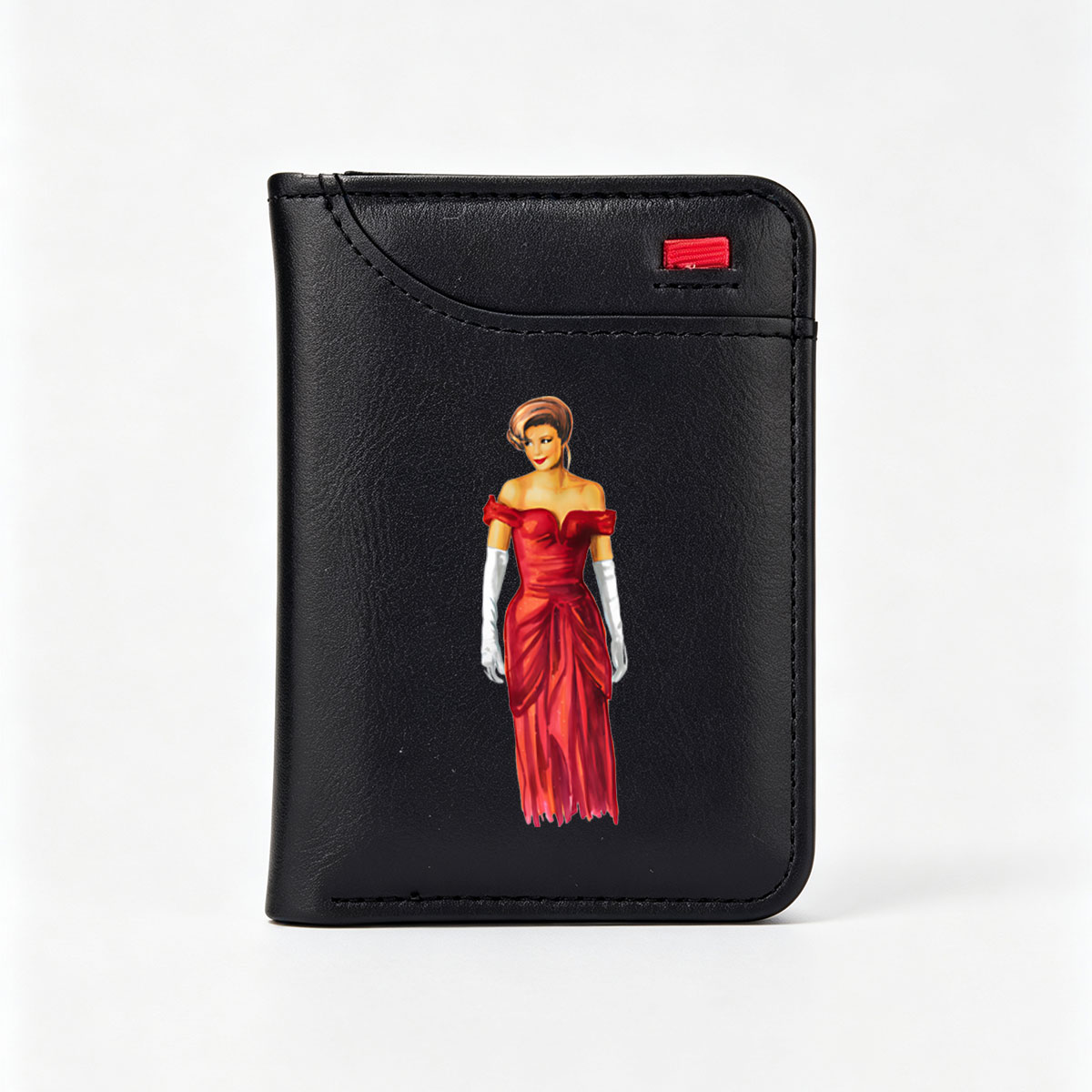 Elegant Woman in Red Gown with White Gloves - Vertical Style Wallet