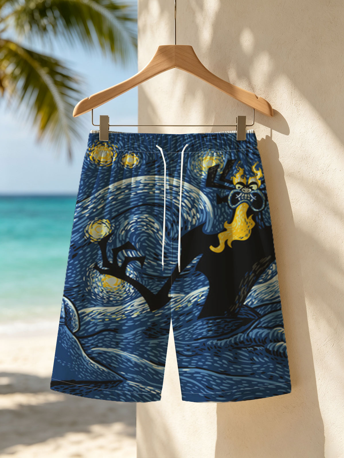 Samurai vs. Fiery Spider in Starry Night Landscape -  Beach shorts