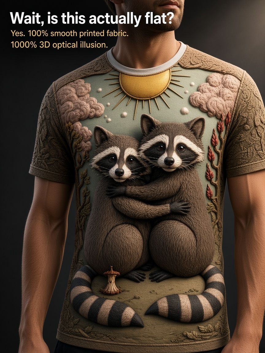 Hugging Raccoons Wood Carving 3D Optical Illusion Graphic Tee Breathable Athletic Mesh T-Shirt Casual and Sports Wear