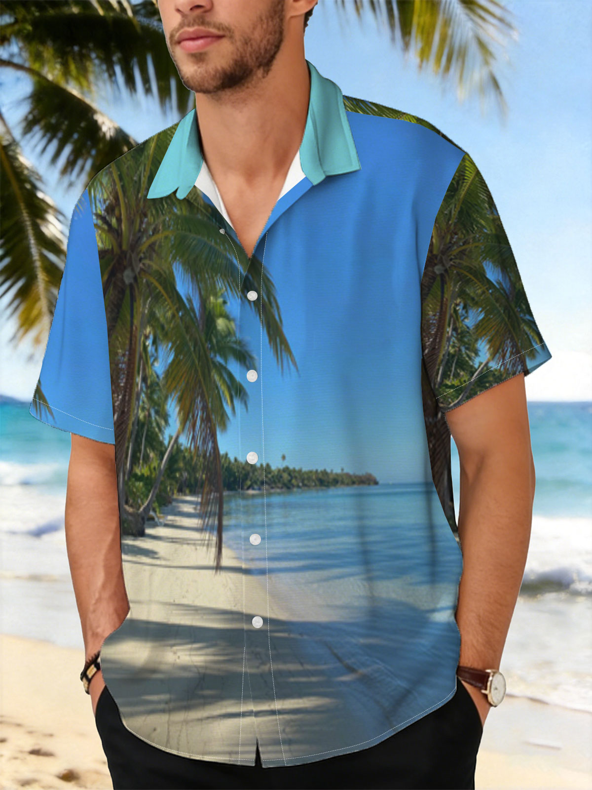 Tropical Beach with Palm Trees and Clear Blue Water -  Shirt