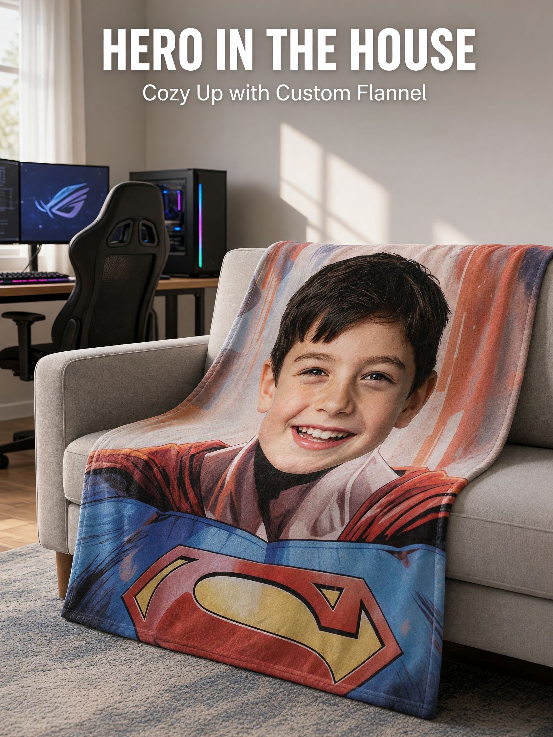 Custom Face Photo Blanket, Soft Flannel Fleece Superhero Throw, Ideal Personalized Gift for Kids Couch and Bedroom