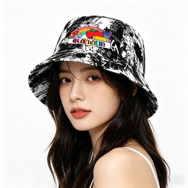 Unisex Classic Graffiti Bucket Hat with Rainbow Apple Crayon Scissors Print #LAMAAETA - Perfect for Casual Outings, School Events, and Art Activities - Ideal for Teens and Adults Who Love Creative Streetwear Style